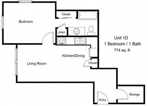 Floor plan for 1 bed, 1 bath, 774 sqft
